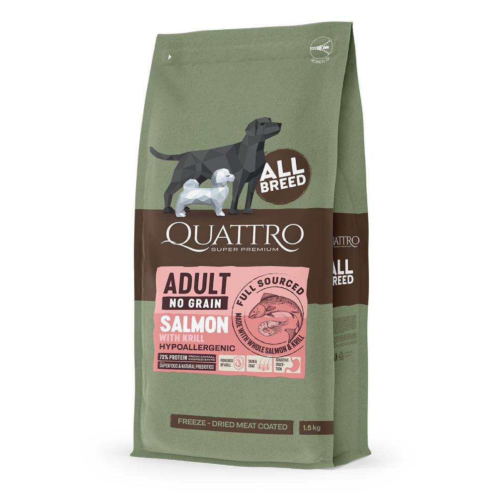 '50% OFF + FREE TREATS': Quattro Salmon Adult All Breed No Grain Dry Dog Food