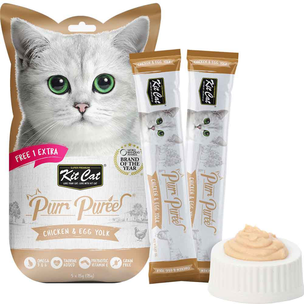 4 FOR $14: Kit Cat Purr Puree Chicken & Egg Yolk Liquid Cat Treats 5x15g