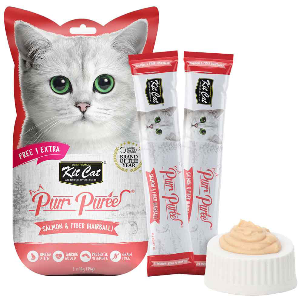 4 FOR $14 : Kit Cat Purr Puree Salmon & Fiber (Hairball) Liquid Cat Treats 5x15g