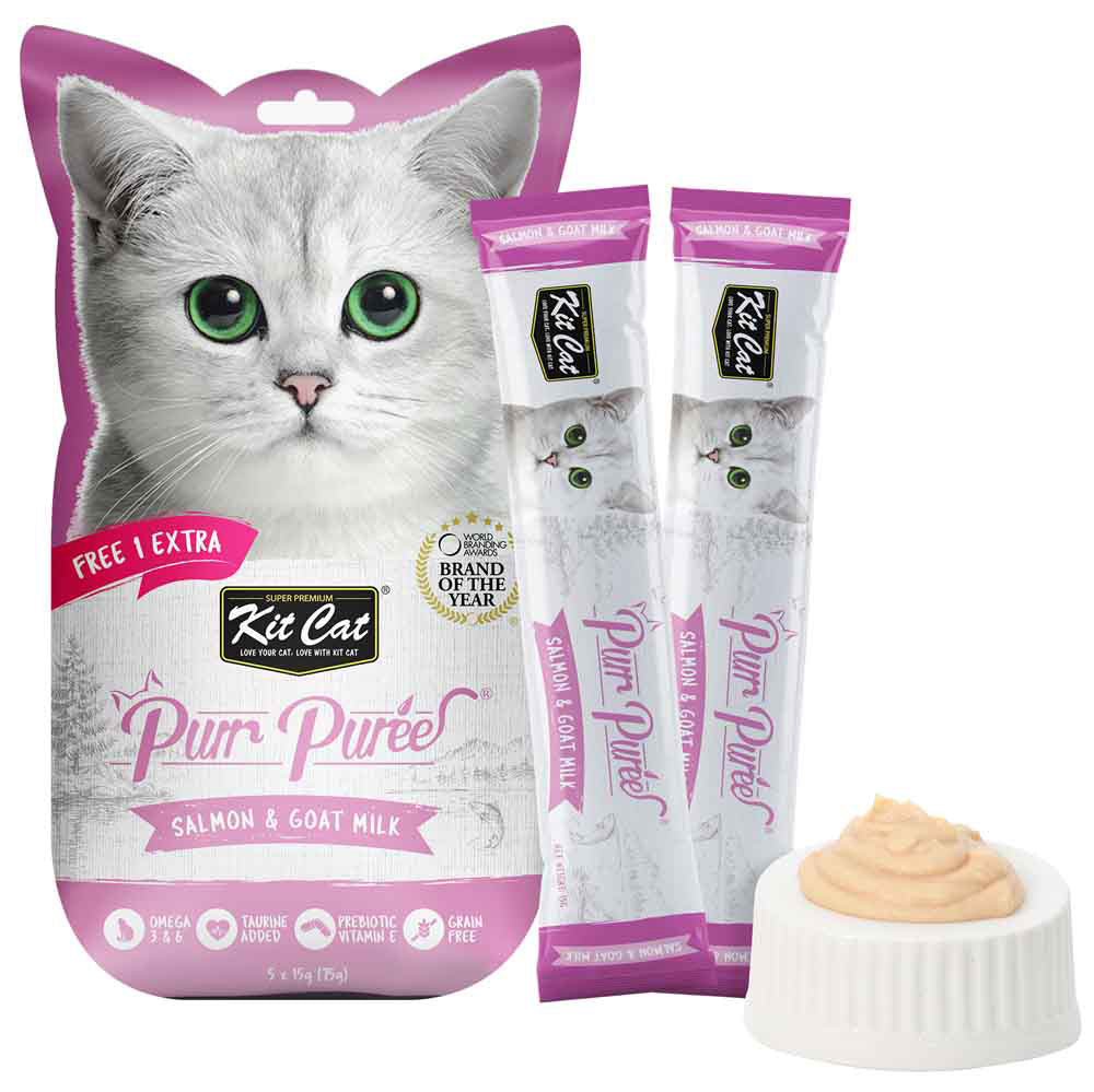 4 FOR $14 : Kit Cat Purr Puree Salmon & Goat Milk Liquid Cat Treats 5x15g
