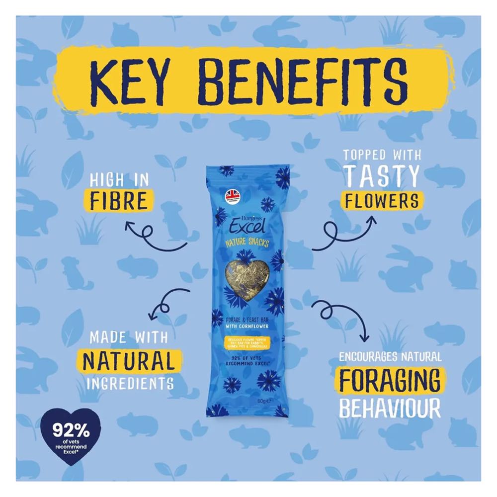 10% OFF: Burgess Excel Nature Snacks Forage & Feast Bar With Cornflower Treat For Small Animals 60g