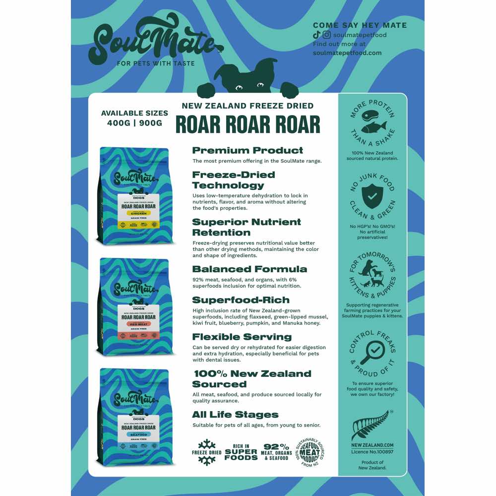 '70% OFF (Exp 19-27Sep25)': SoulMate Roar Roar Roar Freeze Dried Dog Food 400g