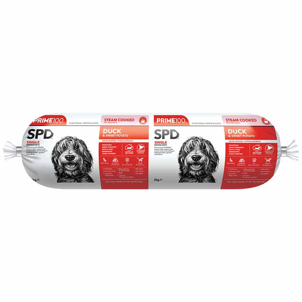 Prime100 SPD Duck & Sweet Potato Grain Free Cooked Chilled Roll Dog Food 2kg (Exp 10Oct25)