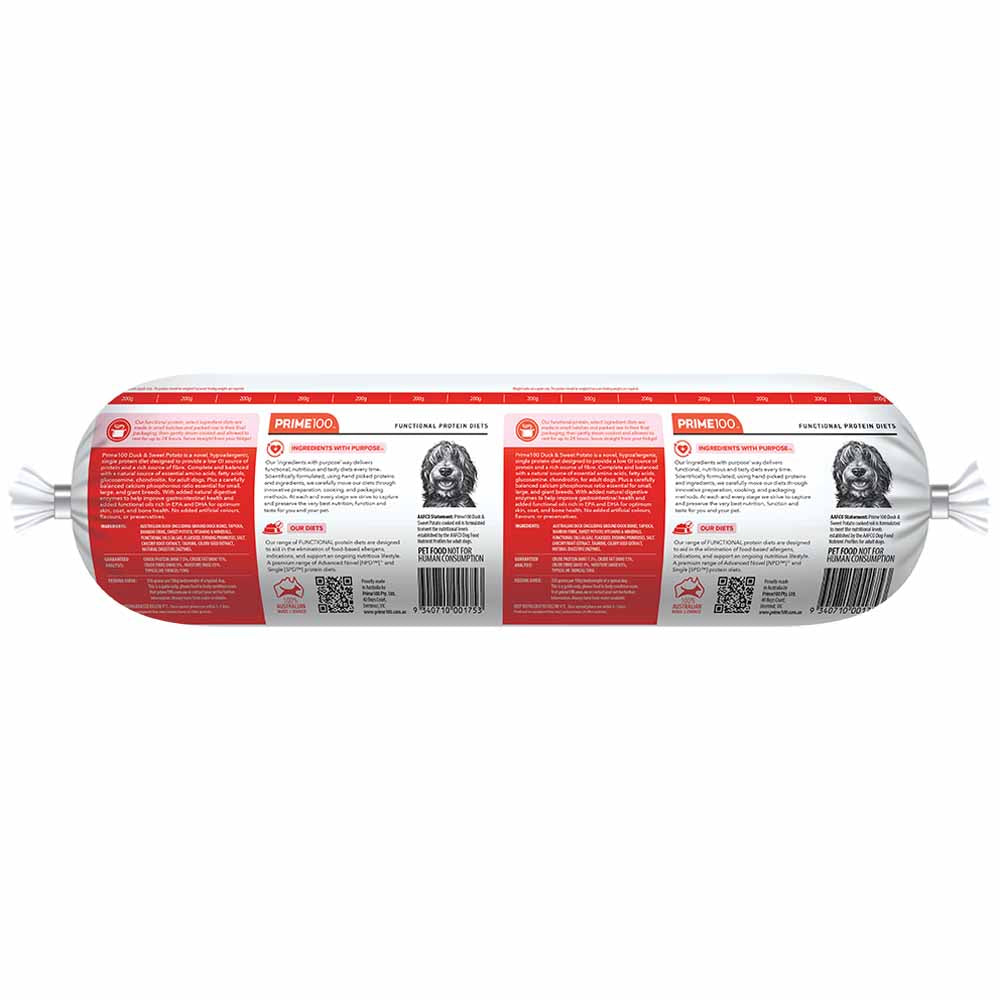 Prime100 SPD Duck & Sweet Potato Grain Free Cooked Chilled Roll Dog Food 2kg (Exp 10Oct25)