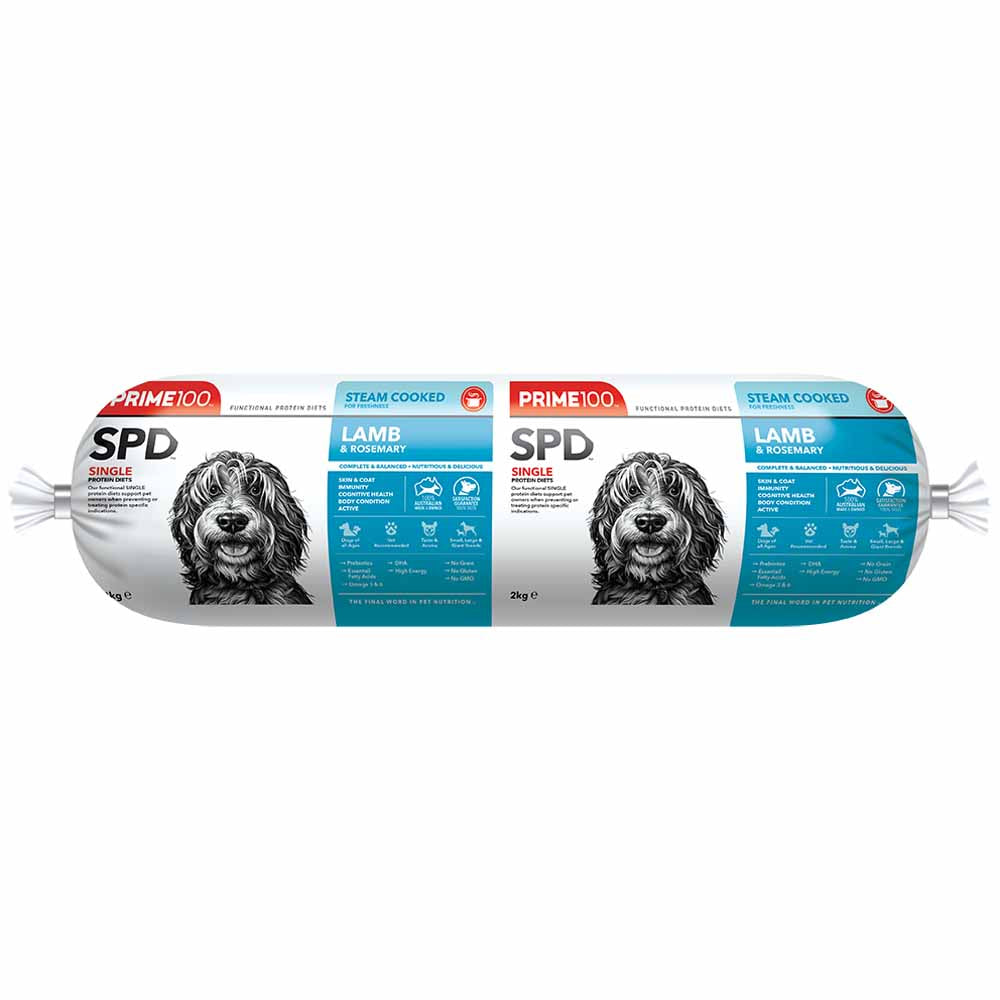 Prime100 SPD Lamb & Rosemary Grain Free Cooked Chilled Roll Dog Food 2kg (Exp 16Oct25)