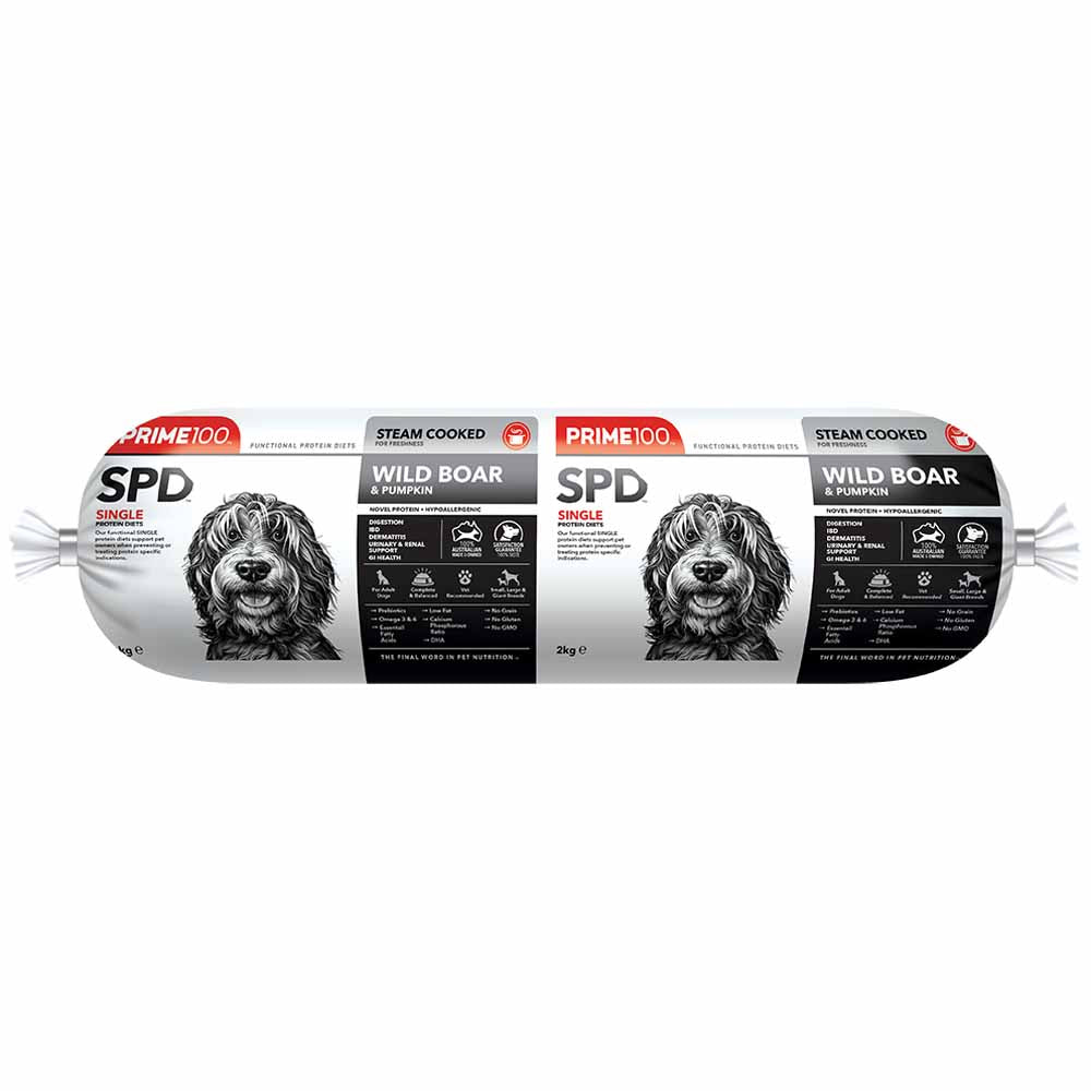 Prime100 SPD Wild Boar & Pumpkin Grain Free Cooked Chilled Roll Dog Food 2kg (Exp 21Oct25)